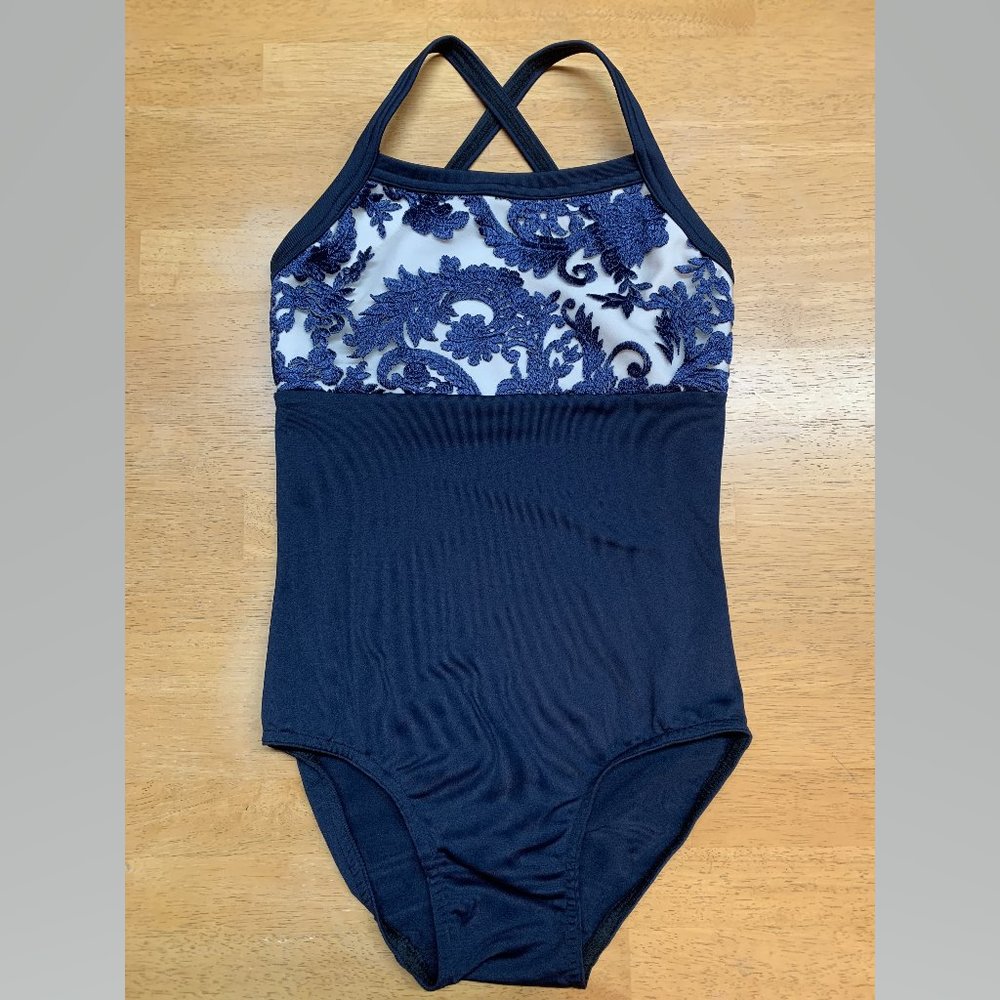 Elliewear dark blue leotard with lace inset at top, small